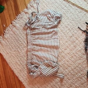 White and grey striped off the shoulder bell sleeve blouse by Paper Heart